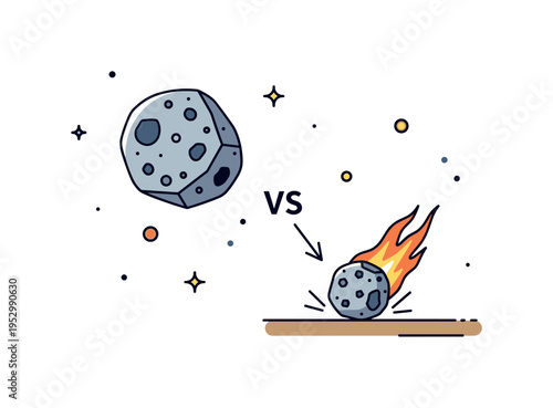Asteroid versus meteorite comparison theme built around a large rock in space and a smaller fragment landing on the ground, expressing the journey from orbit