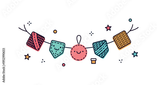 Knitted decorative garland concept built around small stitched shapes connected by a soft yarn line, expressing festive mood and creative interior