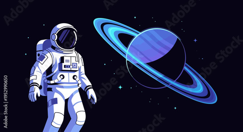 Astronaut exploring space near ringed planet, digital art, cosmic exploration