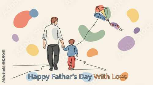 A heartwarming illustration of a father and child flying a kite, in a minimalist style, celebrating Father's Day