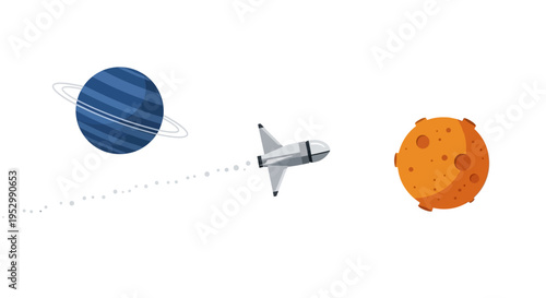 Rocket flying between planets in outer space, science fiction illustration
