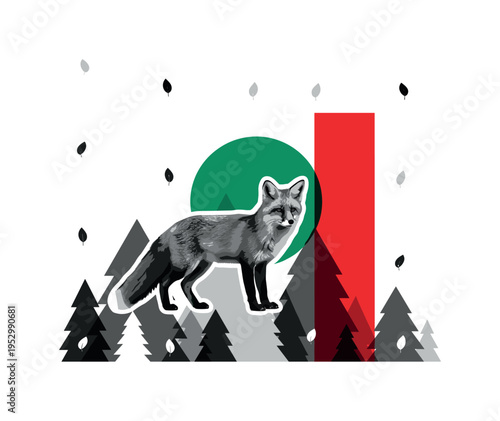 Black and white fox standing in profile layered over geometric forest shapes, vivid emerald circle centered behind animal, bold red vertical block offset to