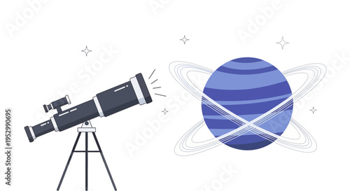 Telescope Observing Planet Neptune with Rings and Stars
