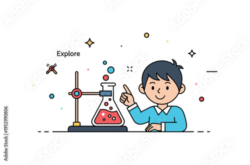 Science classroom experiment featuring a child observing a bubbling flask symbolizing hands on discovery and critical thinking. Subtle sparkle details and a