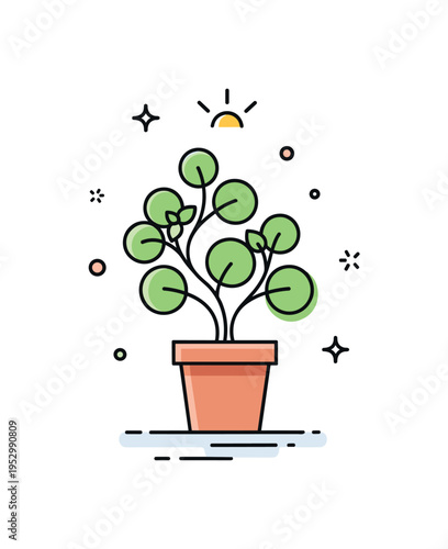 Homegrown basil plant in a small pot showing rounded leaves branching upward with a gentle sunlight accent above, symbolizing kitchen gardening and everyday
