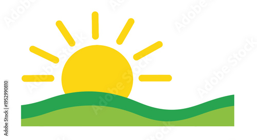 Sunrise over rolling green hills, bright sun rays, clear sky, nature concept