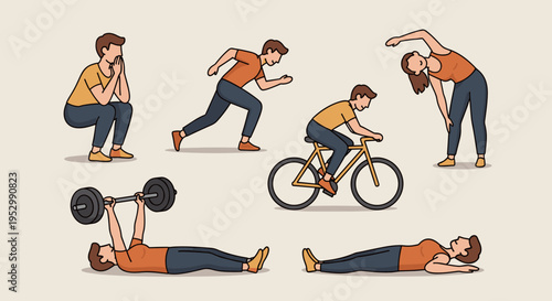 A collection of illustrated characters engaging in various fitness activities, featuring a modern flat design style