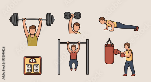 A collection of fitness icons featuring weightlifting, boxing, and exercise routines in a modern flat style