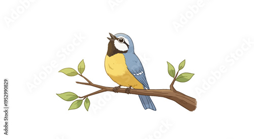 Blue Tit Bird Singing on a Branch with Leaves