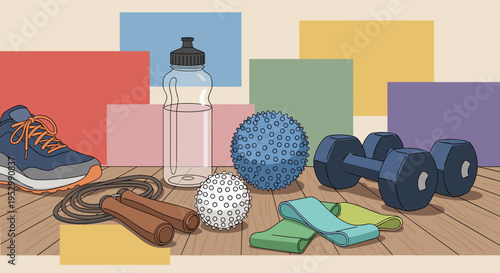 A collection of fitness equipment including dumbbells, a water bottle, and exercise mats in a modern flat style