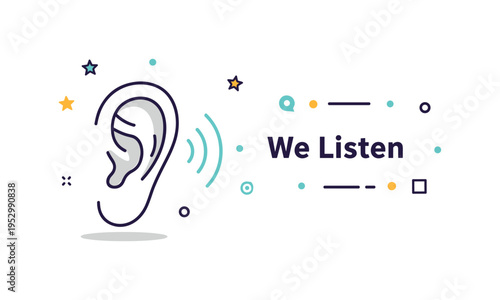 Listening ear concept featuring a clean ear silhouette with gentle sound wave lines flowing toward it, expressing attention, empathy, and open communication. A