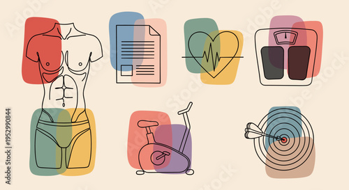 A colorful illustration featuring fitness and health elements, including a torso, bike, heart monitor, and scales in a modern, minimalist style