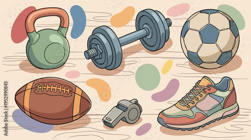 A colorful illustration featuring various sports equipment, including a kettlebell, dumbbell, soccer ball, and sneakers in a playful style