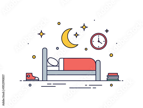 Healthy sleep habits calm bedtime scene with a simple bed, crescent moon icon, and small clock showing consistent nighttime routine, expressing balance and