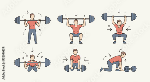 A set of vector illustrations depicting various weightlifting exercises in a modern, flat style for fitness enthusiasts