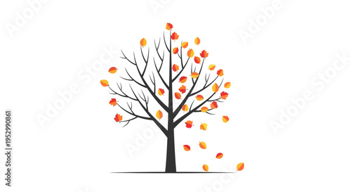 Autumn Tree with Falling Leaves, Isolated on White Background