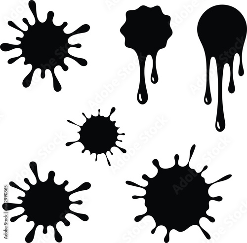 Collection of five distinct black ink or paint splatter and drip graphic elements isolated on a white background perfect for artistic design projects