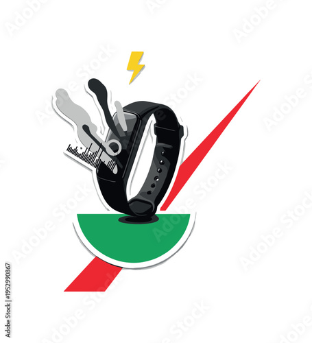 Black and white fitness tracker band floating vertically with abstract data graphs emerging, vivid emerald green semicircle anchoring the base, sharp red