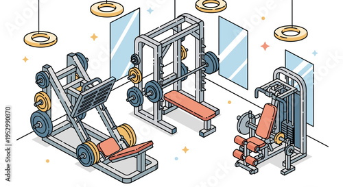 A modern gym illustration featuring various exercise machines in a minimalist style, perfect for fitness and health themes