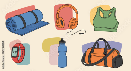 A colorful collection of fitness accessories including a yoga mat, sports bra, water bottle, and smartwatch in a modern illustration style