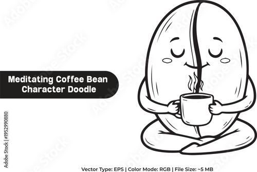 Meditating Coffee Bean Character Holding a Hot Cup Vector Illustration