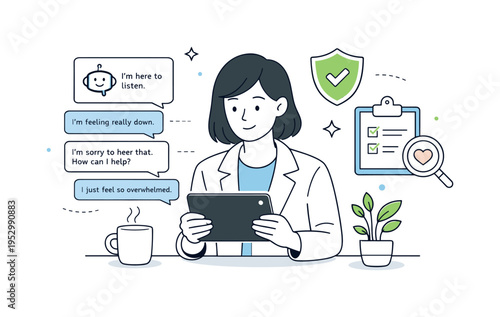 Mental health chatbot oversight. Health professional or designer reviewing chatbot conversations on a tablet, calm and responsible mood. Scene emphasizes