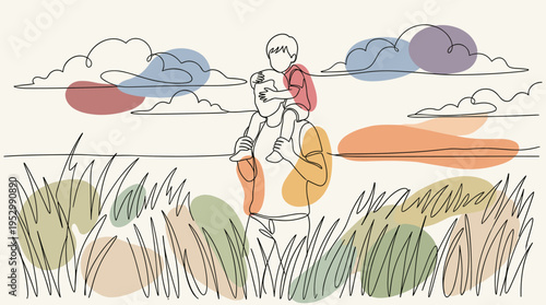 A minimalist line drawing of a parent carrying a child on their shoulders, set against a colorful landscape