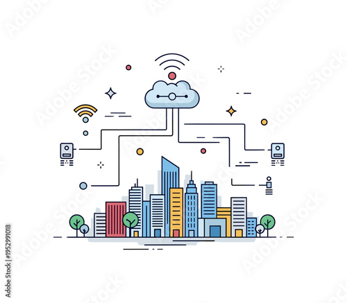 Urban data collection concept with a central smart city skyline connected by thin signal lines to a cloud icon symbolizing real time analytics and digital
