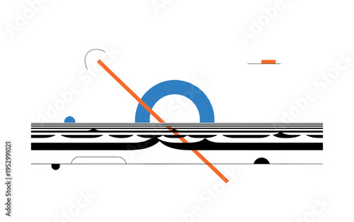 Black and white ocean horizon simplified into clean graphic layers, bright blue circular halo echoing the curve of the sea, orange diagonal bar cutting through