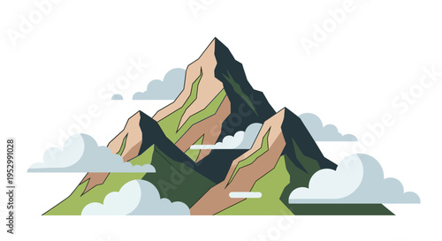 Stylized Mountain Peak Surrounded by Fluffy Clouds, Nature Landscape Illustration