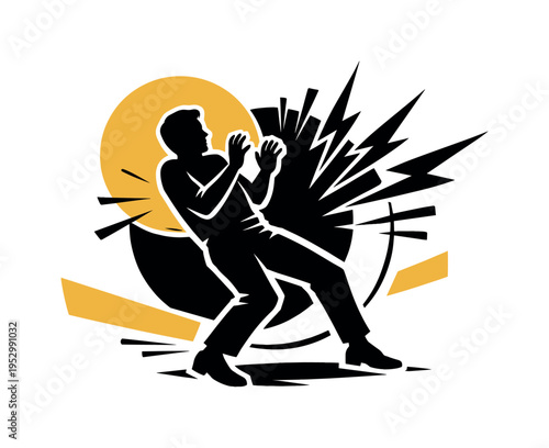 Black and white comic-style silhouette stepping back in fear, knees bent and body angled defensively, facial details minimized, combined with abstract circular