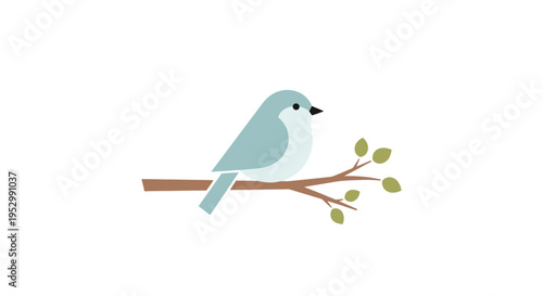 Cute light blue bird perched on a branch with green leaves, isolated on white