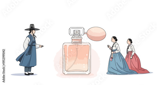 Korean couple in traditional hanbok with giant perfume bottle, cultural fusion concept