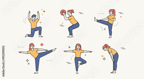 A collection of six fitness illustrations featuring diverse characters in various workout poses, in a modern flat style