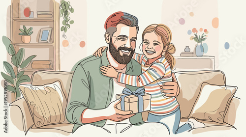 A heartwarming illustration of a father and daughter sharing a gift, in a modern, soft color palette