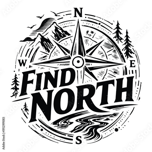 Vintageinspired compass design with find north text surrounded by nature elements like mountains trees and rivers