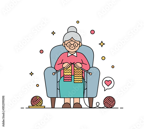 Grandmother knitting a warm scarf in a cozy armchair expressing care, patience, and generational love in a compact heartfelt scene. Soft yarn details and a