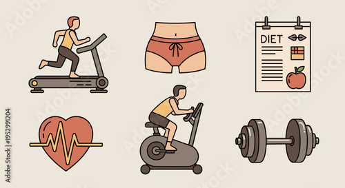 A collection of fitness icons featuring a treadmill, heart rate, exercise bike, dumbbell, and diet chart in a flat style