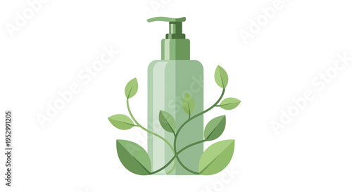Green organic cosmetic bottle with leaves, natural skincare product concept