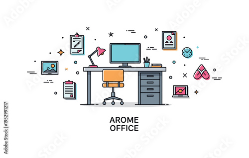 Artistic home office badge featuring a desk silhouette framed by small decorative artwork icons arranged symmetrically. The layout emphasizes creativity