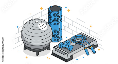 A modern illustration featuring geometric shapes including a sphere, cylindrical tower, and rectangular structure in a minimalist style