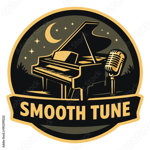 Vintageinspired logo design featuring a grand piano and microphone under a starry night sky with a crescent moon