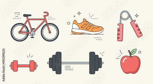A collection of fitness and health icons including a bicycle, weights, shoes, and an apple, in a minimalist style