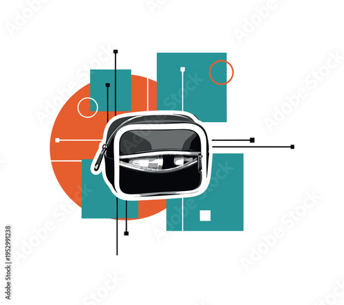 monochrome compact travel first aid pouch zipped halfway, cut-out effect with white contour, combined with burnt orange circle and teal abstract blocks, thin