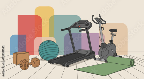 A modern home gym setup featuring exercise equipment like a treadmill, stationary bike, and weights in a minimalist style