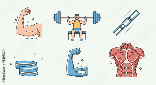 A collection of fitness-themed icons featuring muscular arms, dumbbells, and exercise bands in a modern flat style