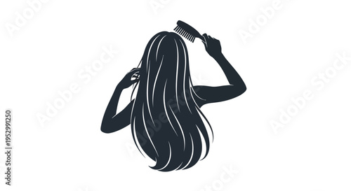 Woman brushing long dark hair with a comb, silhouette illustration