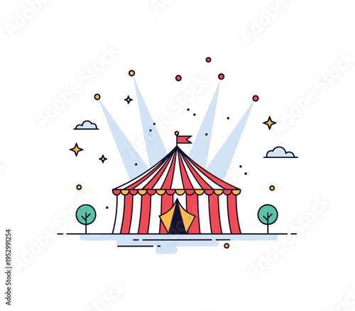 Magical fairground night scene built around a striped circus tent with faint spotlight beams reaching upward, symbolizing performance and imagination. The