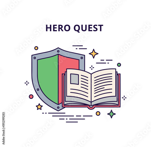 Hero quest narrative symbol combining a shield and open book arranged in a tight balanced emblem. The scene conveys bravery, destiny, and legendary tales found