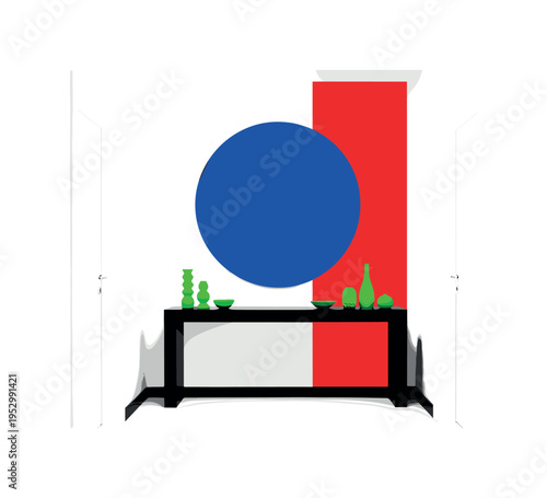 Black and white narrow hallway scene with console table and oversized round mirror implied by geometric circle, vivid cobalt blue circle acting as mirror form,